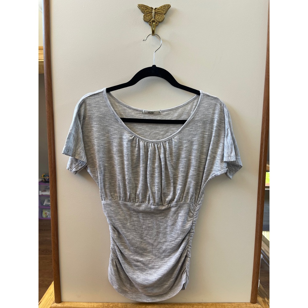 Papaya Womens Medium Grey Ruched Short Sleeve Scoop Neck Slub Knit Top USA Made
